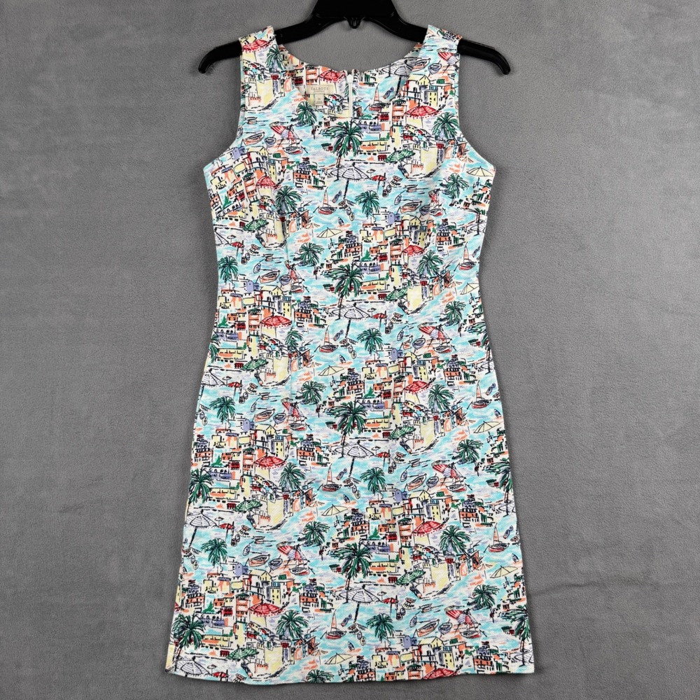 Talbots Petite Sleeveless Sheath Dress 2P Coastal Village Palm Tree Print Cotton
